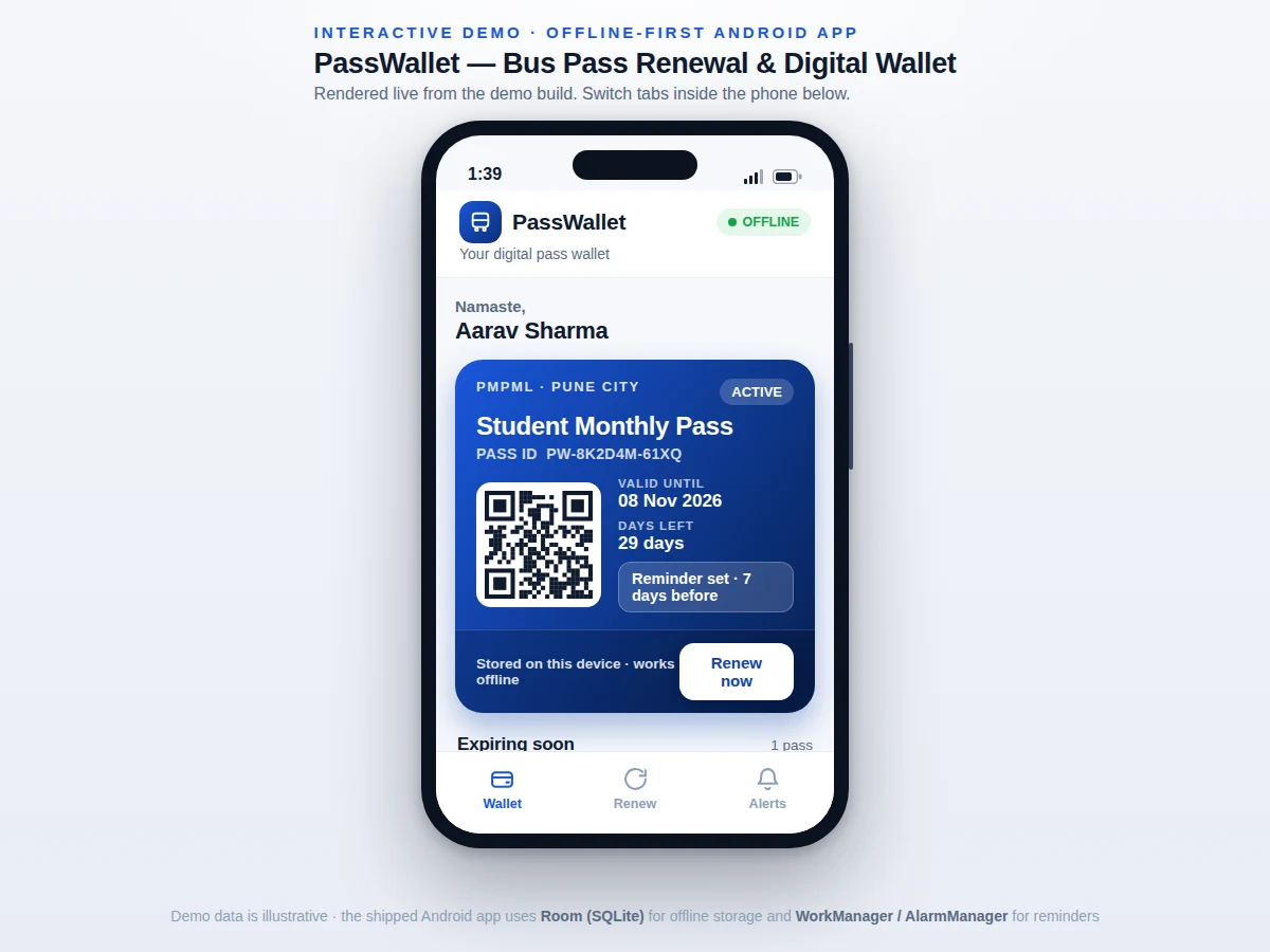 Offline Bus Pass Renewal Android App with Digital Pass Wallet and Expiry Reminders — project thumbnail preview