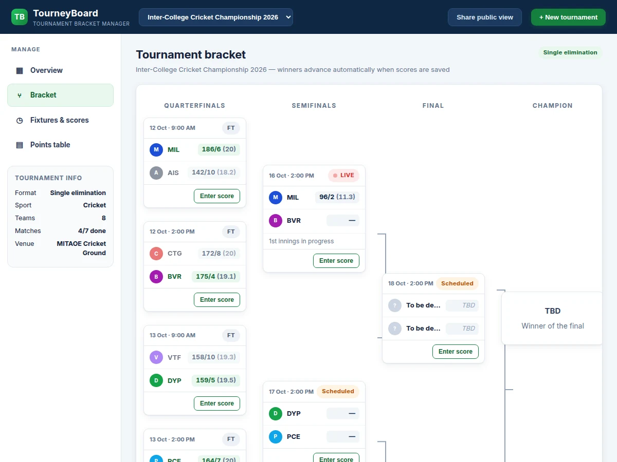 Online Sports Tournament Bracket Manager Web App with Fixtures and Live Scores — project thumbnail preview