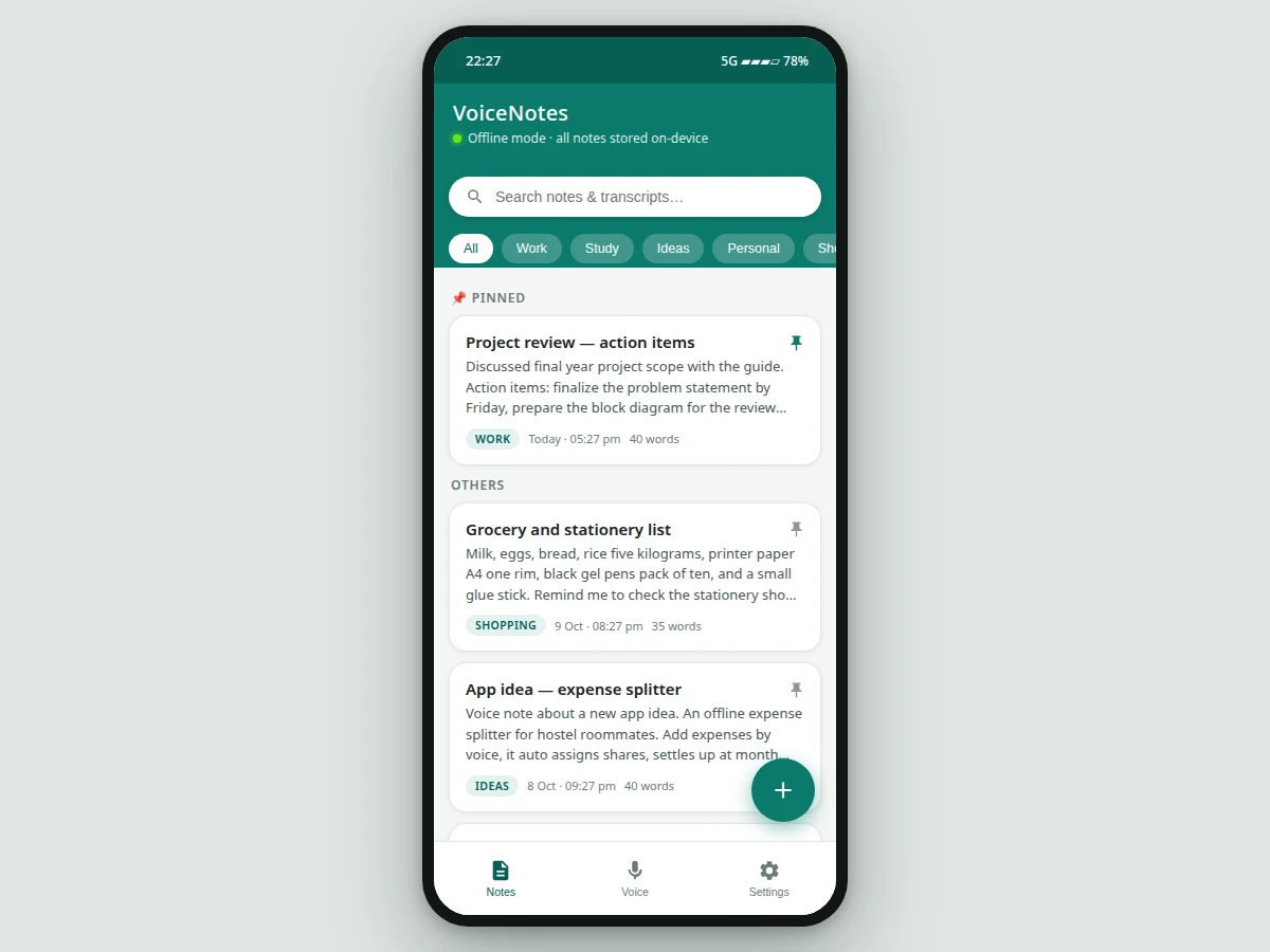 Offline Voice Notes Android App with Speech-to-Text Transcription — project thumbnail preview