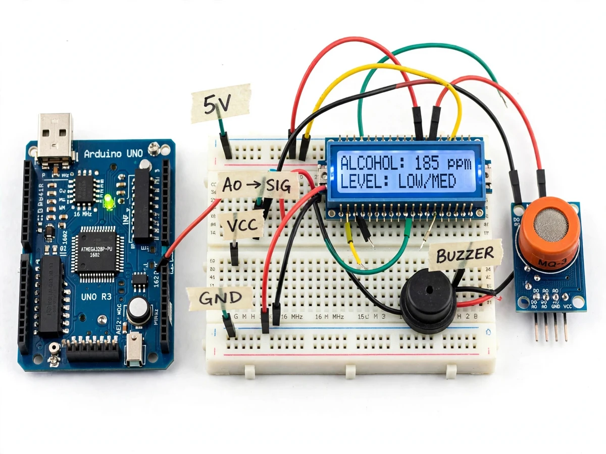 Alcohol Breath Analyzer using MQ-3 Gas Sensor with LCD Readout (Arduino) — project thumbnail preview