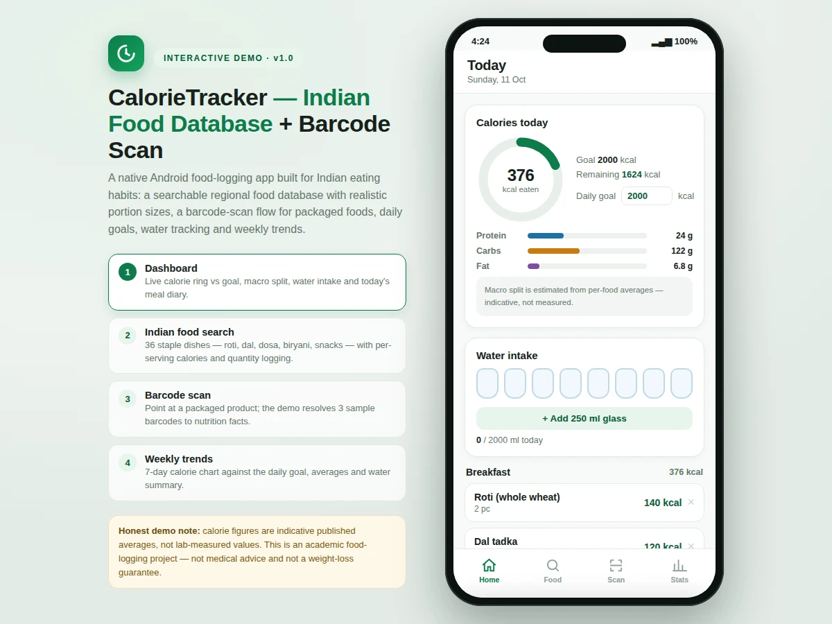 Calorie Tracker Android App with Indian Food Database and Barcode Scan — project thumbnail preview