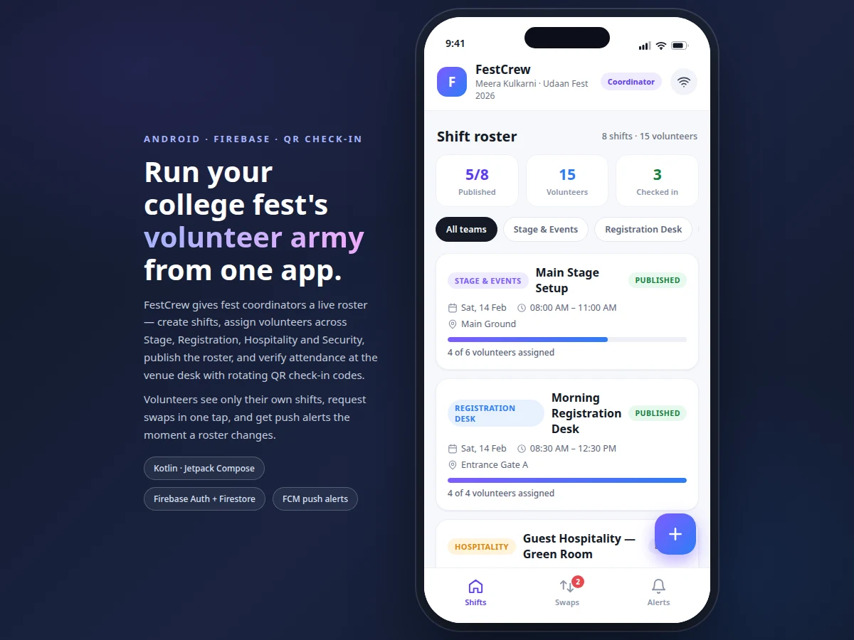 College Fest Volunteer Management Android App with Shift Scheduling — project thumbnail preview