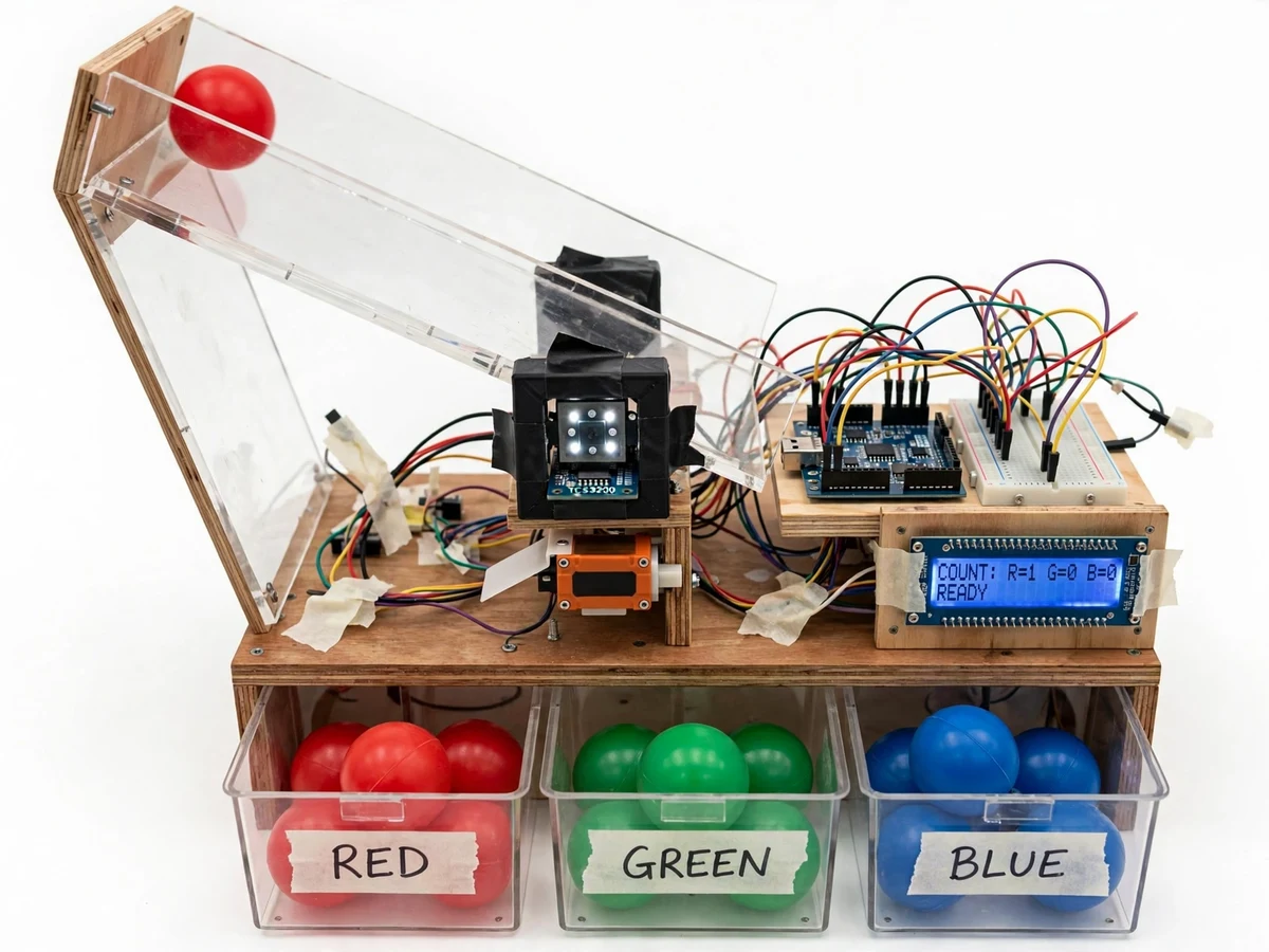 Colour Sorting Machine using TCS3200 Colour Sensor, Arduino and Servo Diverter — project thumbnail preview