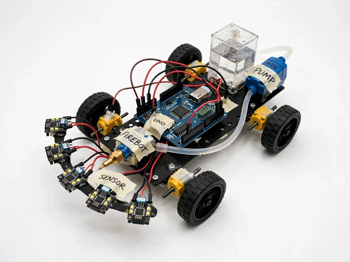 Fire Fighting Robot with Flame Sensors and Water Pump (Arduino) — project thumbnail preview