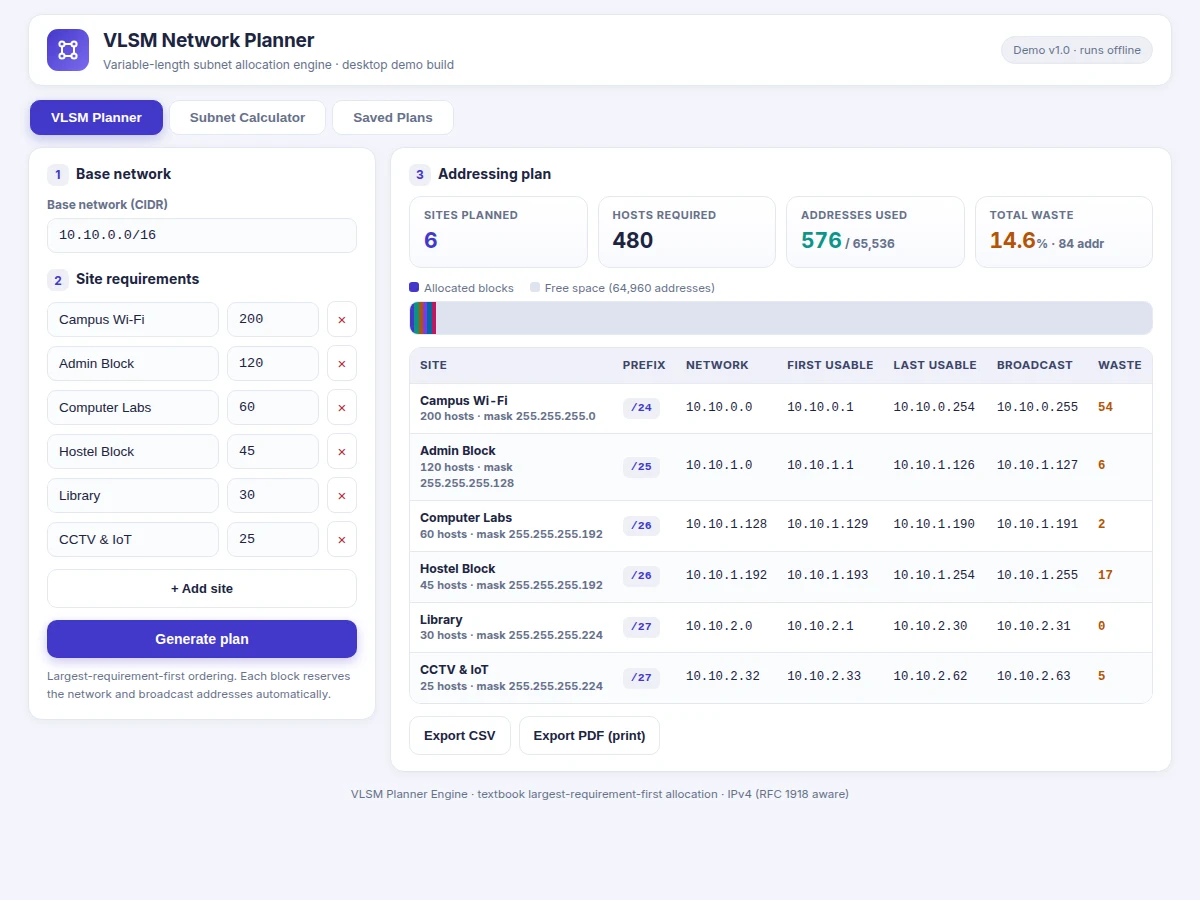 VLSM Network Planner with Subnet Calculator (Desktop App) — project thumbnail preview