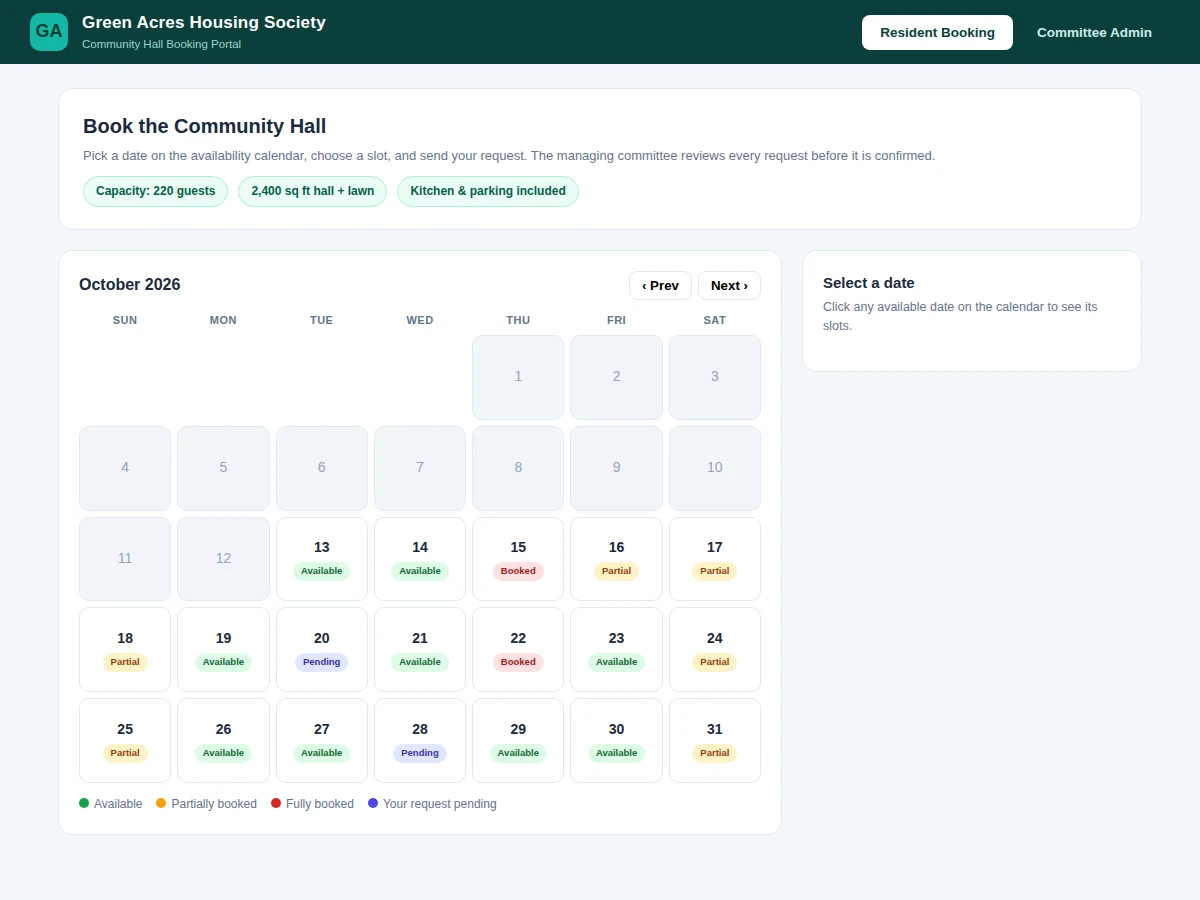 Society Hall Booking Web App with Availability Calendar and Payment Records — project thumbnail preview