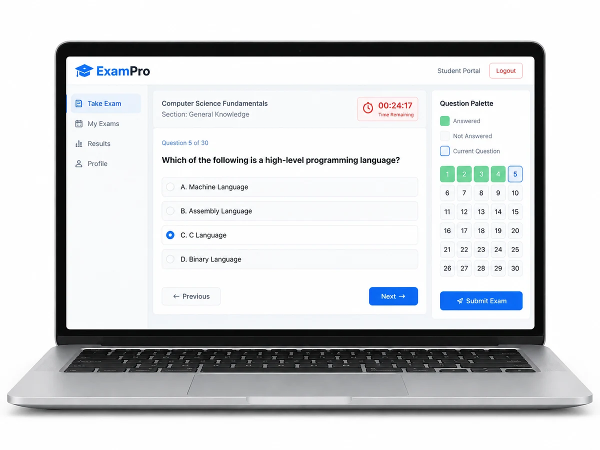 Laptop screen showing the ExamPro online exam interface with MCQ question, countdown timer and question palette — clean software UI mockup, light theme.