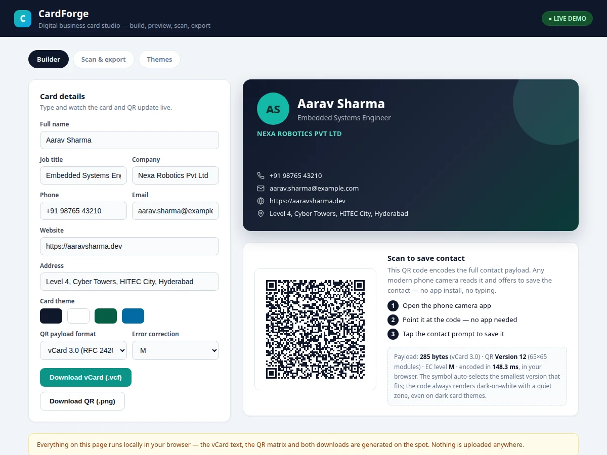 Digital Business Card Generator with QR & vCard