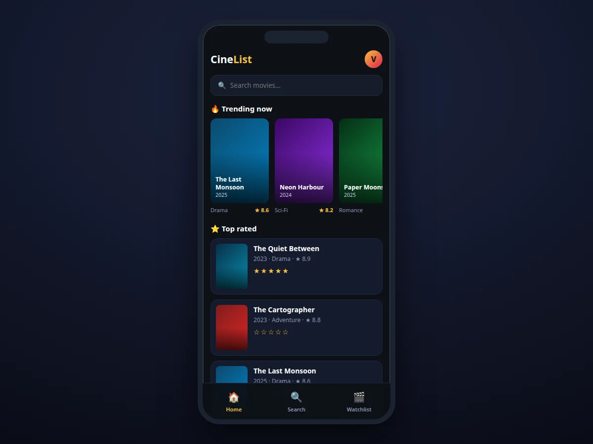 Movie Watchlist App using React Native - project prototype demo screenshot