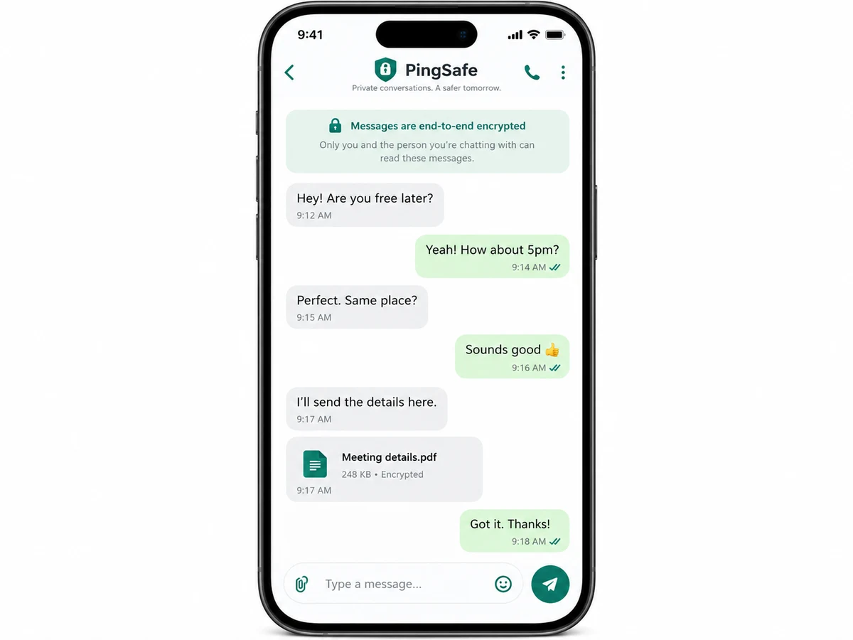 Smartphone screen showing the PingSafe chat application with encrypted conversation and end-to-end encrypted banner — clean software UI mockup, light theme.