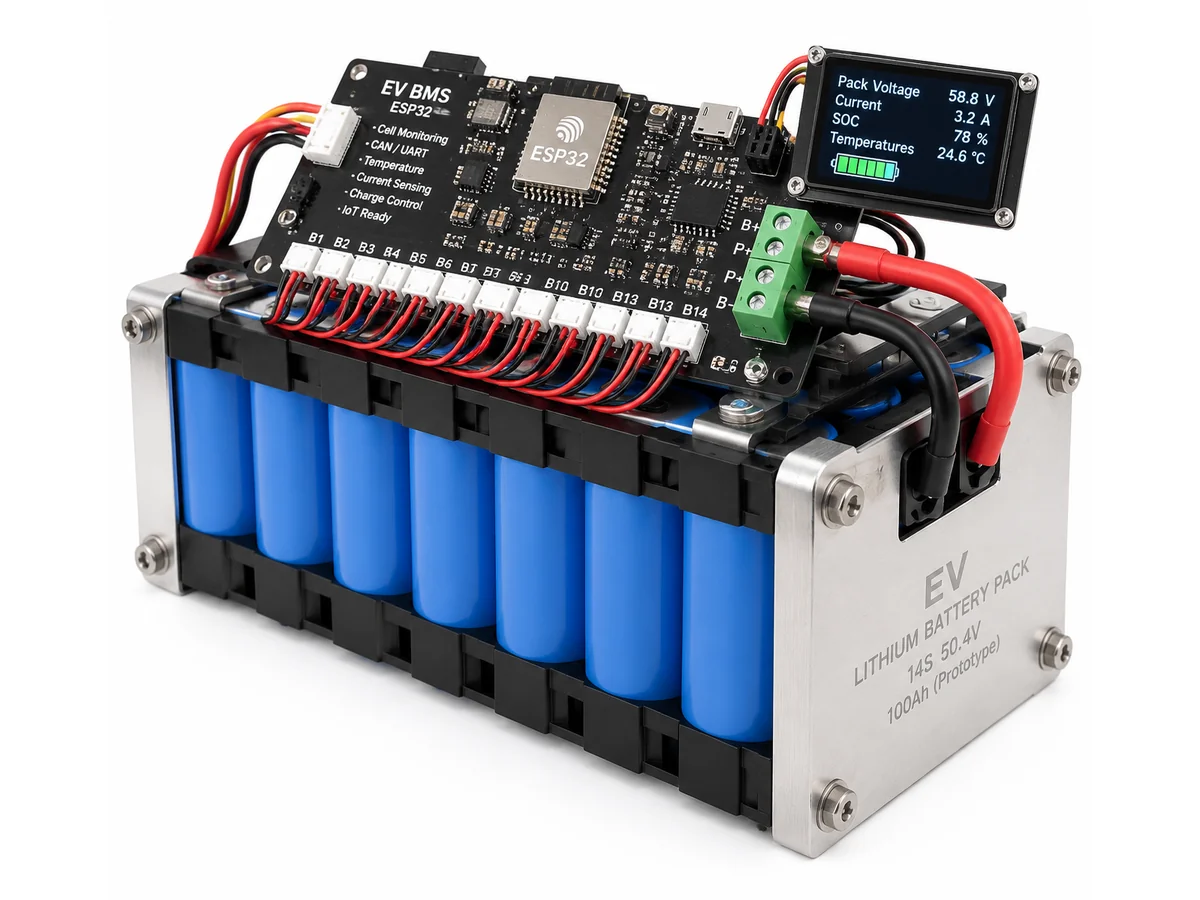 Illustrative render of the IoT-Based EV Battery Management System using ESP32 prototype.