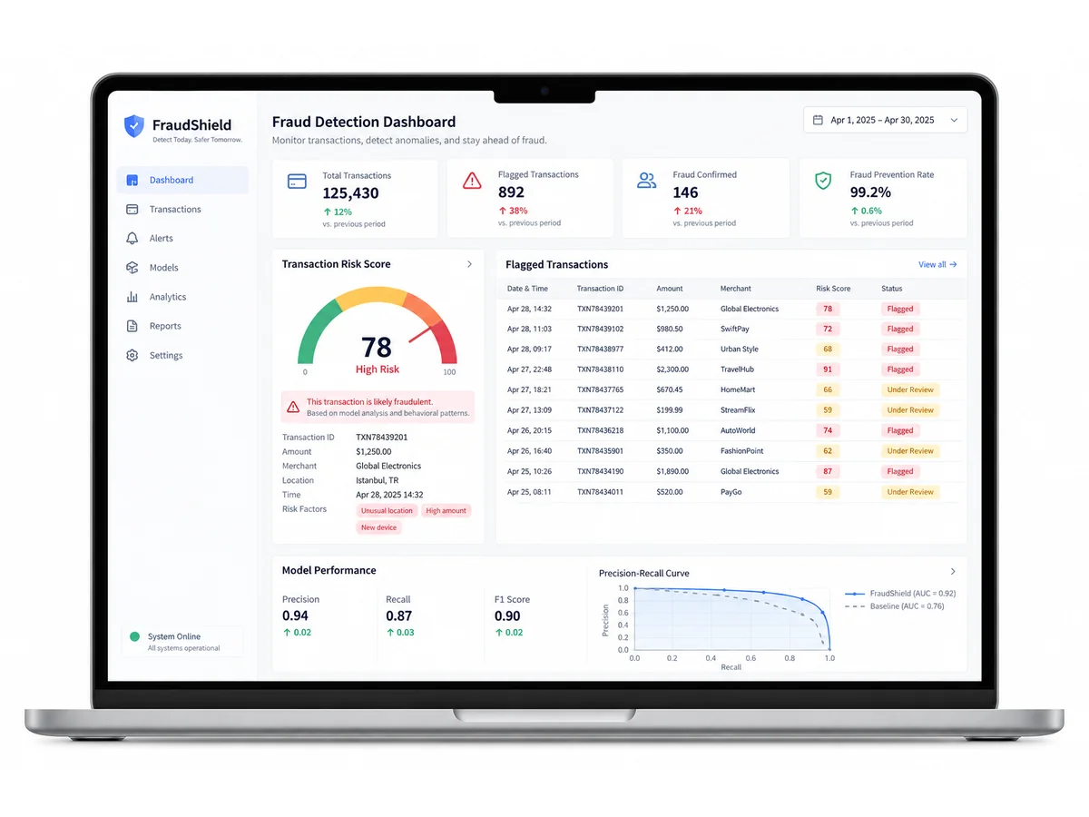 Illustrative mockup of the Credit Card Fraud Detection using Machine Learning interface.