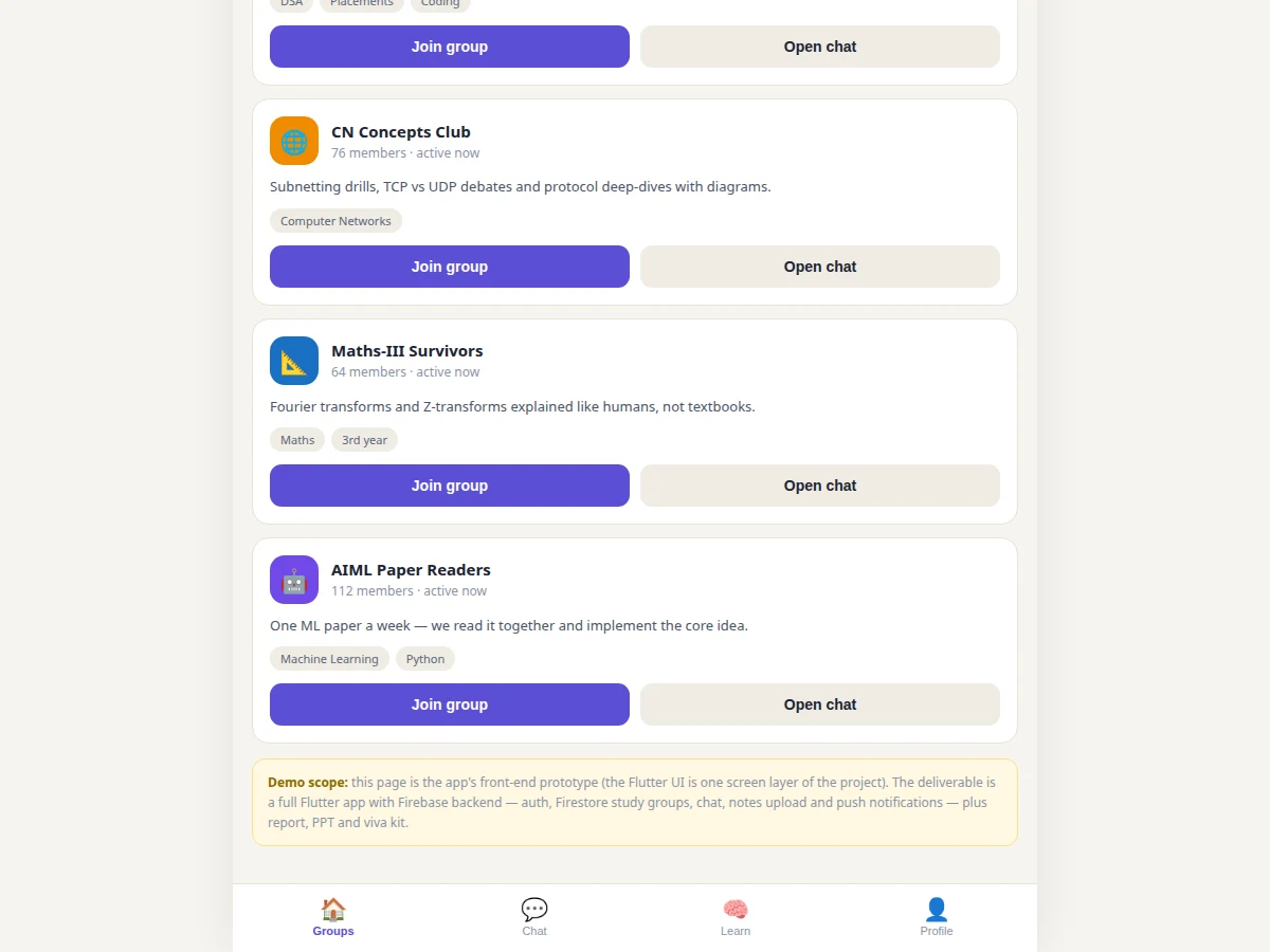 Peer-to-Peer Learning App using Flutter - project prototype demo screenshot