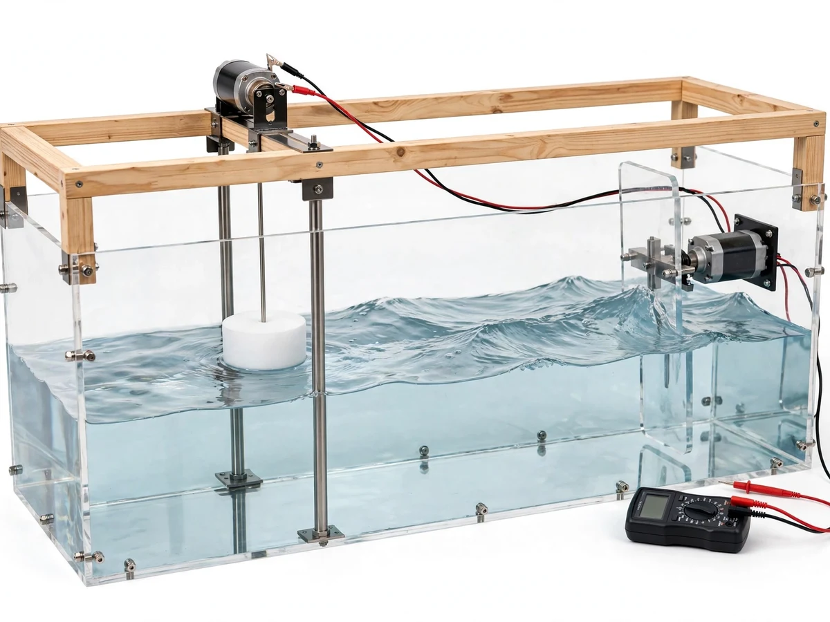 Heaving-buoy wave energy converter model in acrylic wave tank — project thumbnail preview