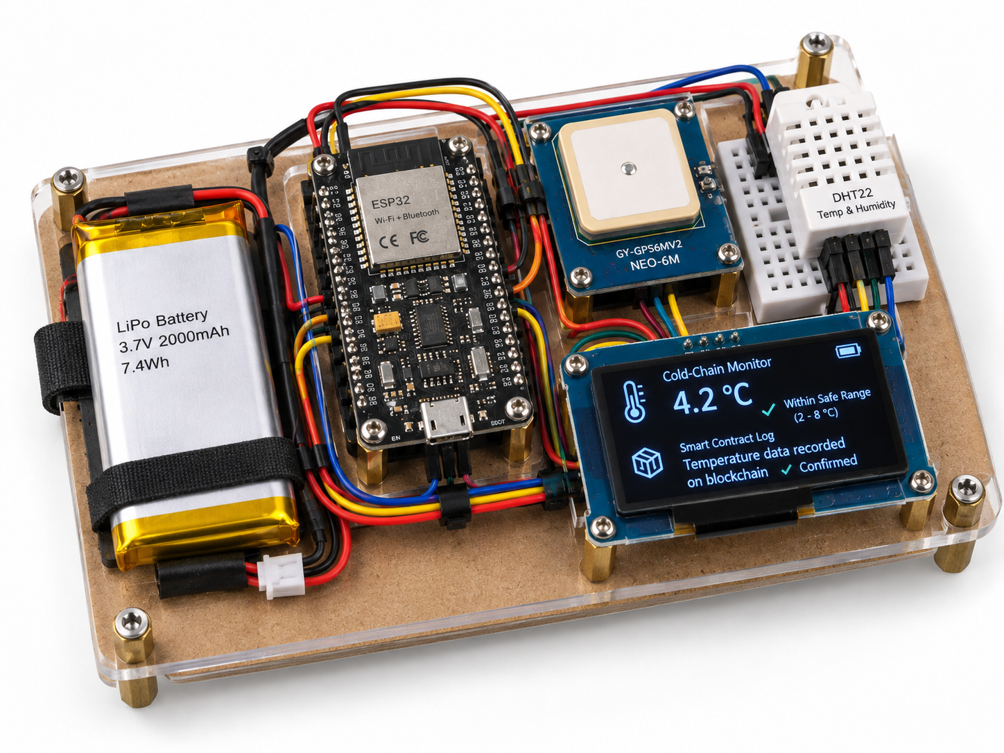College-level ESP32 cold-chain logistics tracking prototype with NEO-6M GPS module, DHT22 temperature and humidity sensor, OLED monitoring display, LiPo battery and visible prototype wiring.