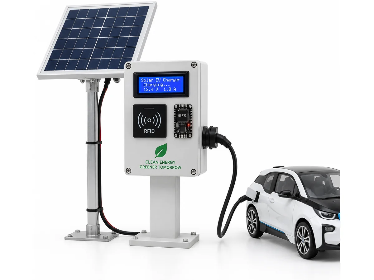 Illustrative render of the Solar-Powered EV Charging Station Prototype with IoT Monitoring prototype.