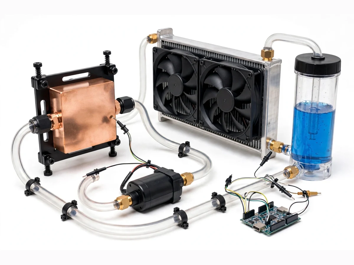 Liquid cooling loop prototype — CPU water block, pump, radiator and reservoir with temperature sensors