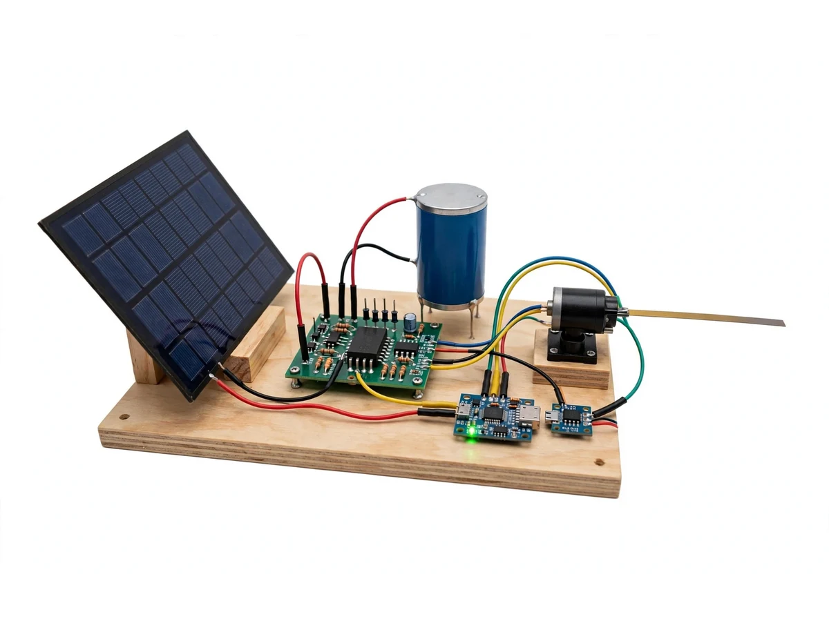 Hybrid solar-piezo energy harvesting node — small solar panel, piezo harvester and supercapacitor powering a sensor node