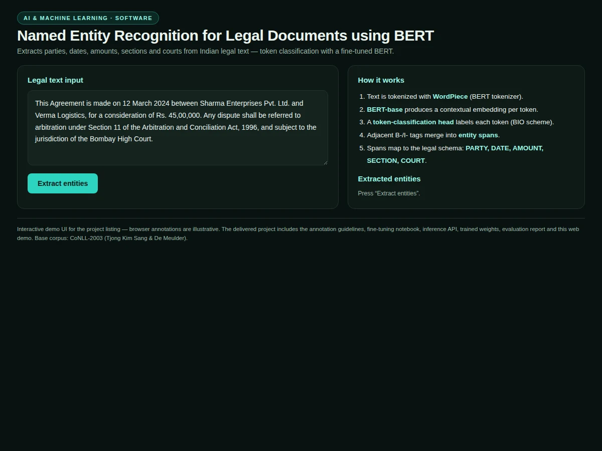 Named Entity Recognition for Legal Documents using BERT — project thumbnail preview