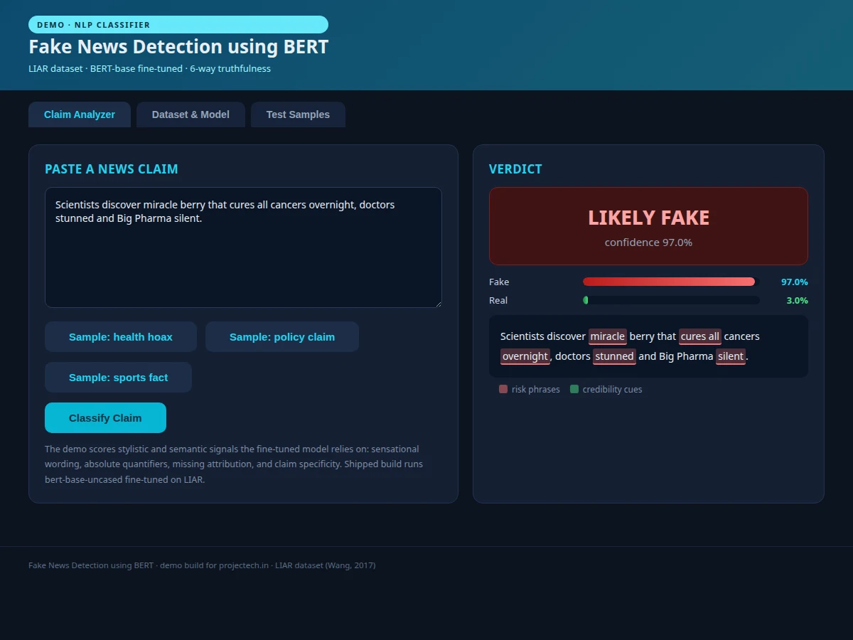 Fake News Detection using BERT (LIAR) — project thumbnail preview