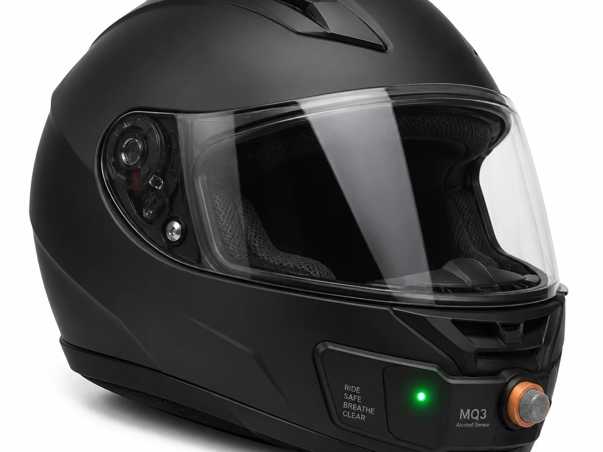 Illustrative render of the Smart Helmet with Accident and Alcohol Detection prototype.