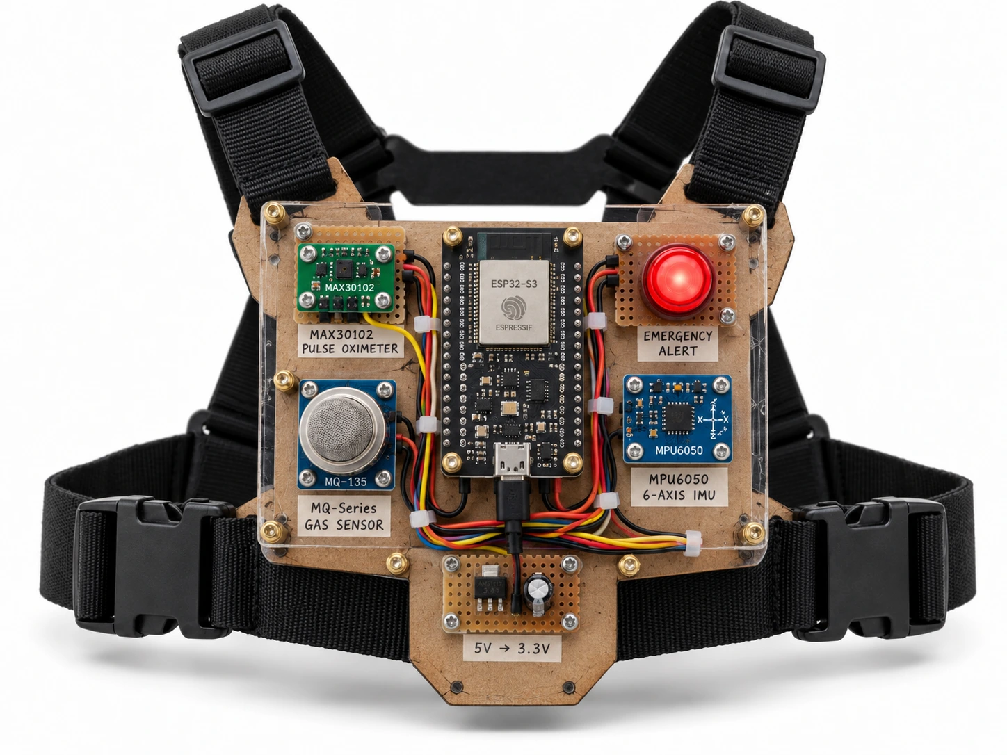 College-level wearable industrial worker safety prototype mounted on a chest harness with ESP32-S3, MAX30102 optical sensor, MQ-series gas sensor, MPU6050 motion sensor and red emergency alert