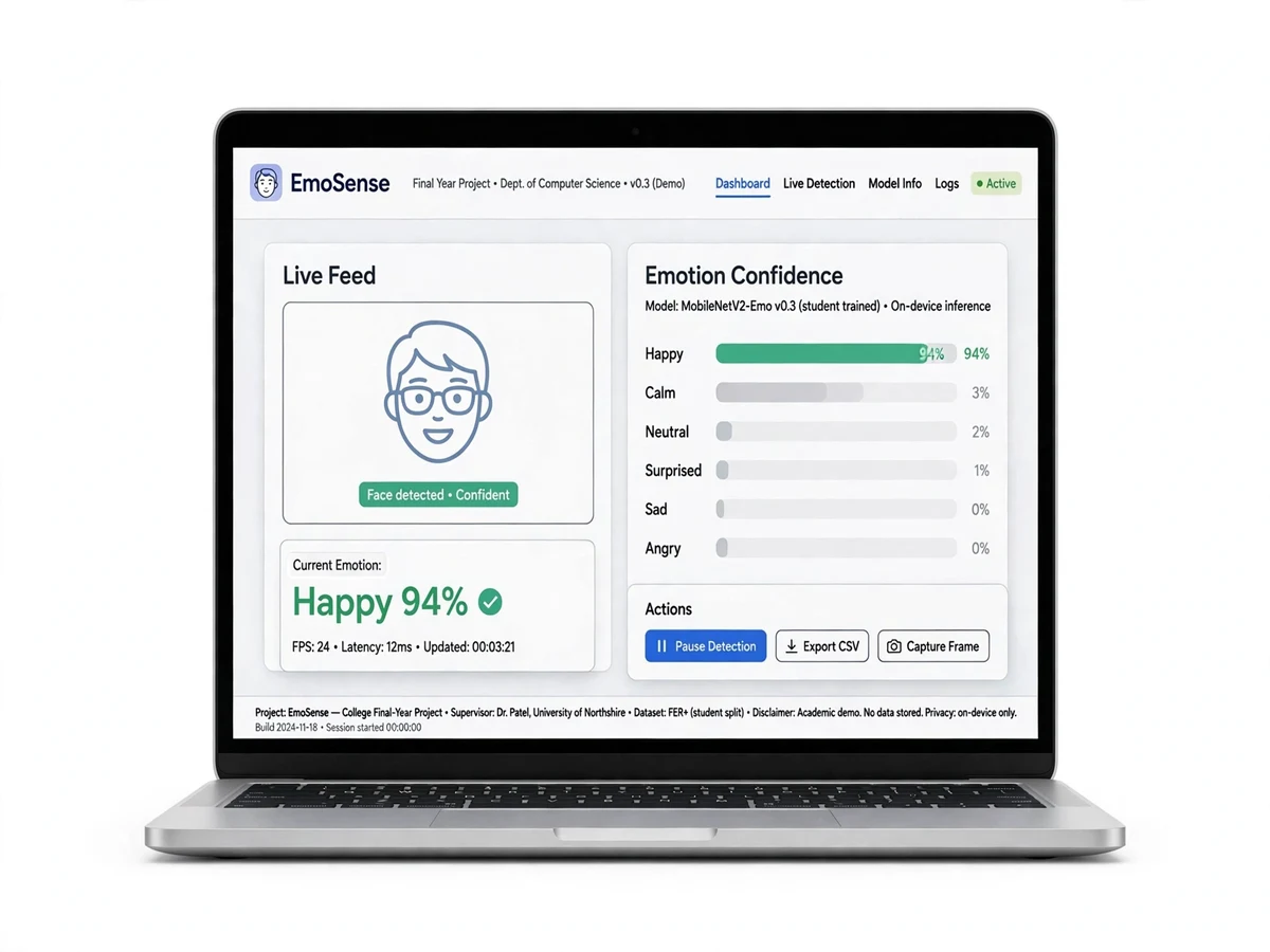 Facial emotion detection project thumbnail showing a face detected with emotion label and confidence bars overlaid.