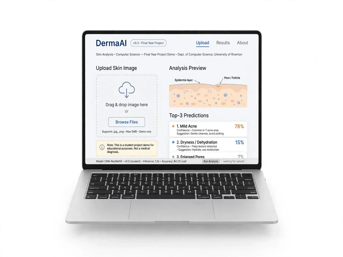Cover image of the skin disease detection project, showing the DermaAI app interface analyzing a skin lesion photo with prediction results and confidence scores.