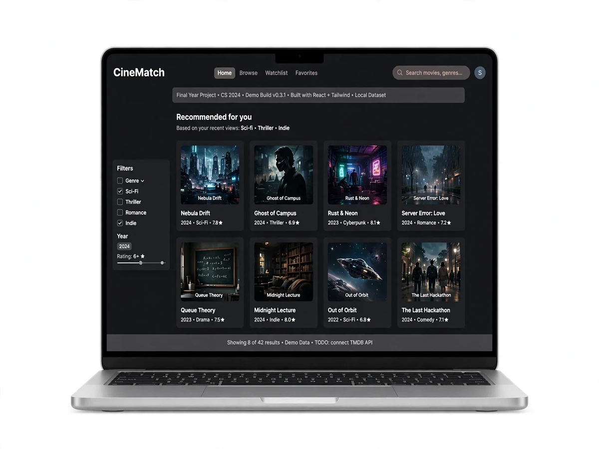 Cover image of the movie recommendation system project, showing the CineMatch Netflix-style web app with personalized movie picks and predicted ratings.