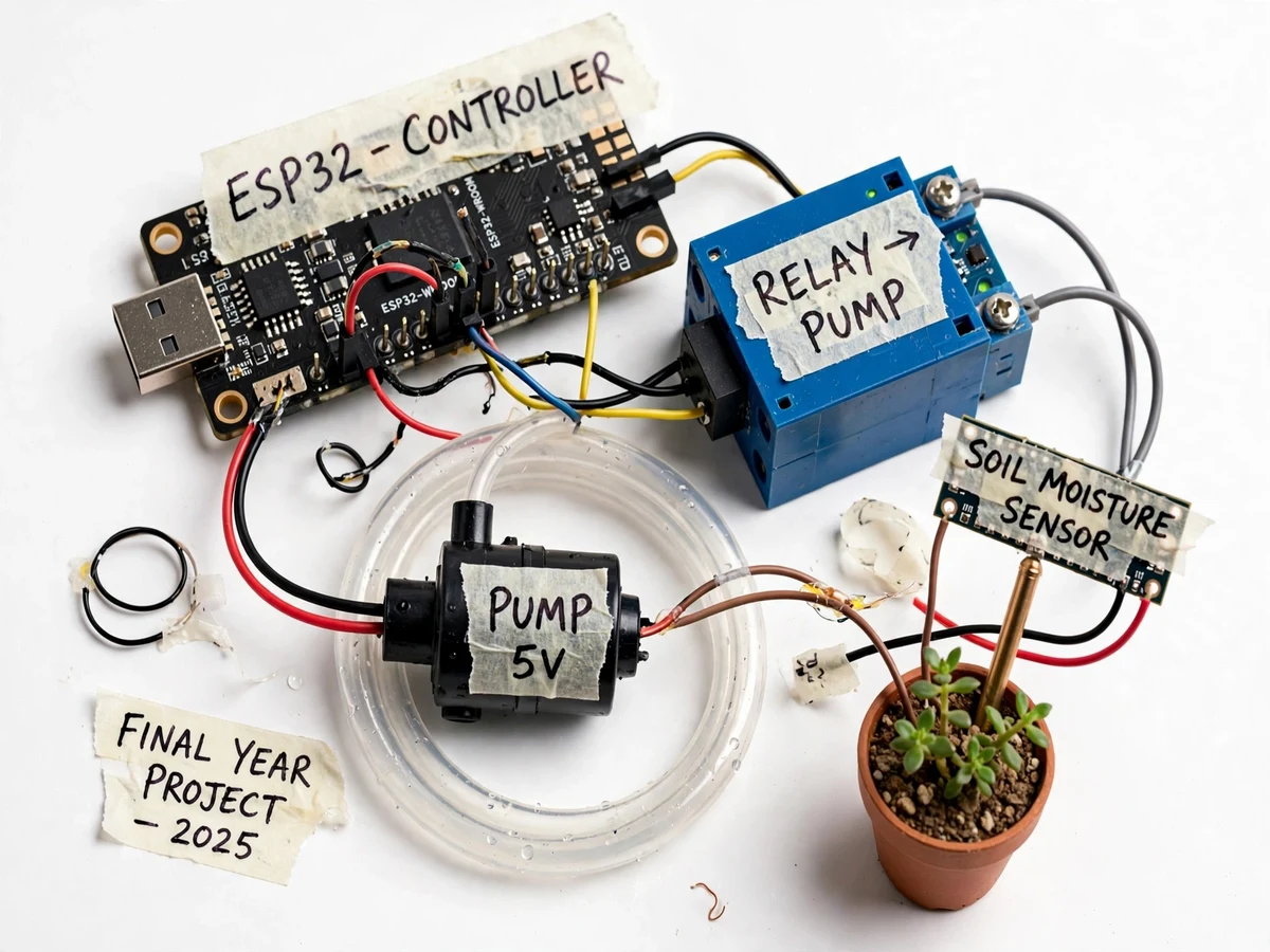 Assembled IoT smart irrigation controller: ESP32 board with capacitive soil-moisture sensor, relay module, mini water pump and tubing arranged on a demo plant bed.