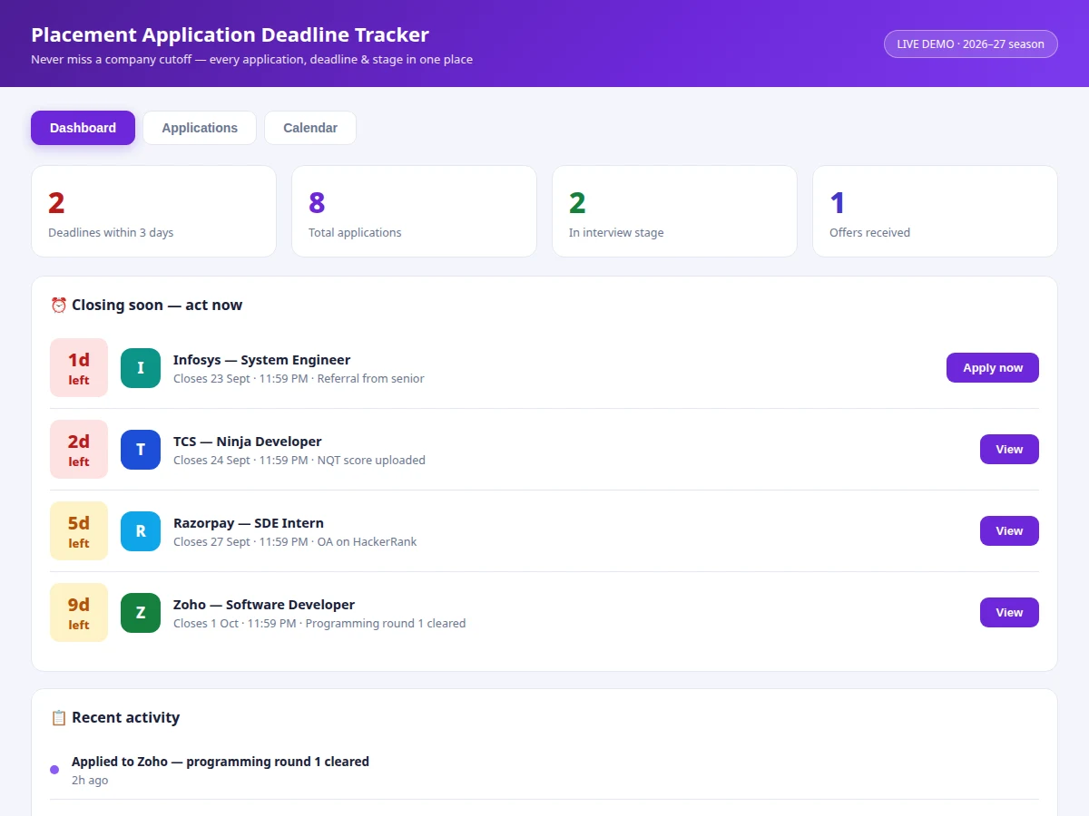 Placement Application Deadline Tracker — project thumbnail preview