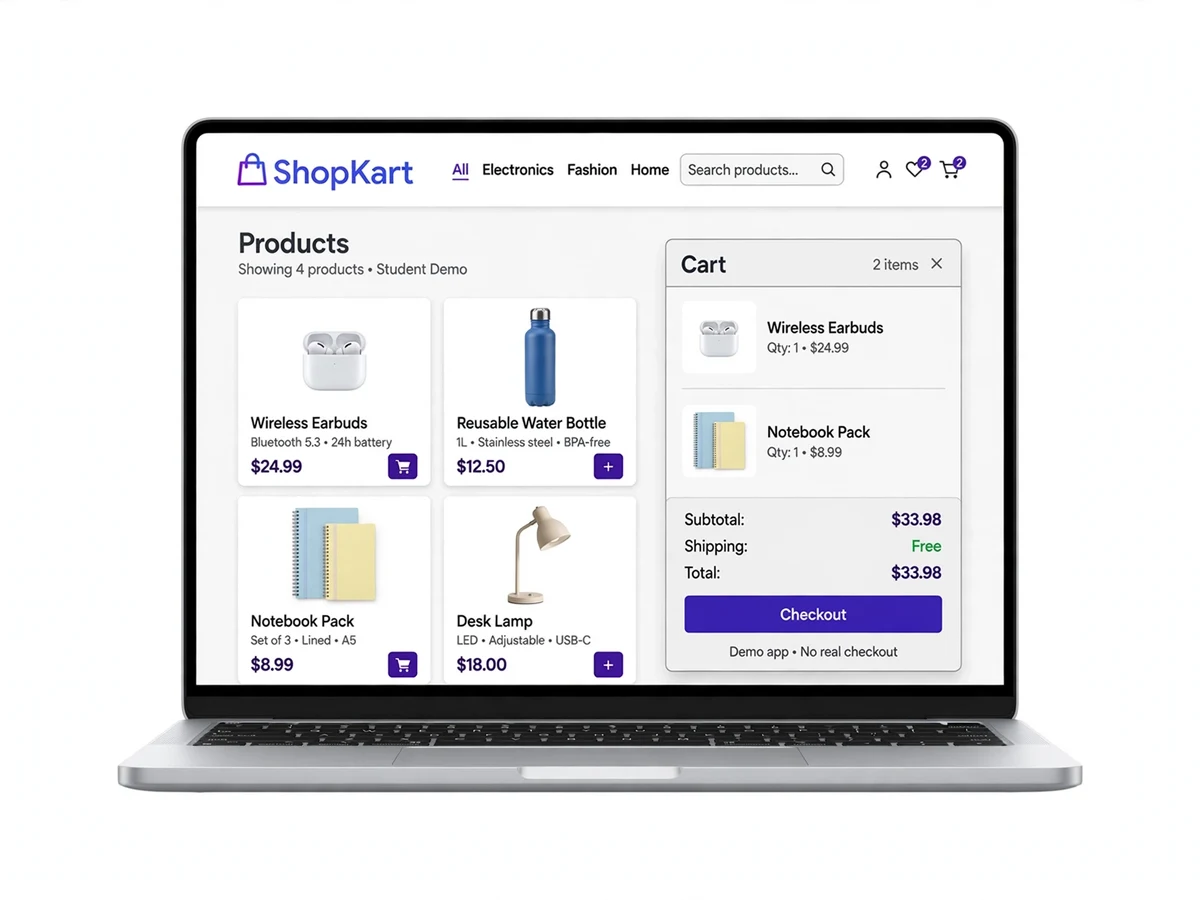 ShopKart e-commerce website homepage showing the product catalog, categories and shopping cart navigation.