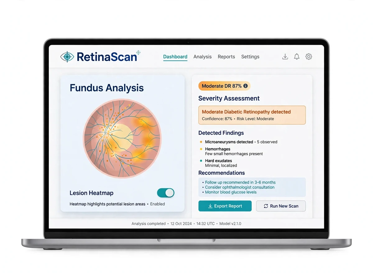 RetinaScan screening app showing a retinal fundus photograph with the diabetic retinopathy severity grade and prediction confidence.