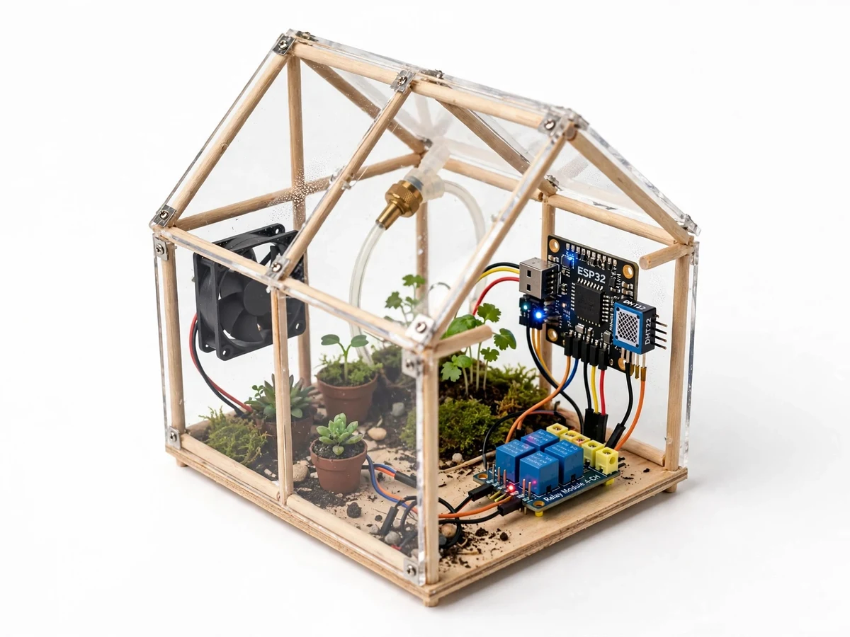 IoT smart greenhouse model with ESP32 climate controller, temperature and humidity sensors, exhaust fan and irrigation valve setup.