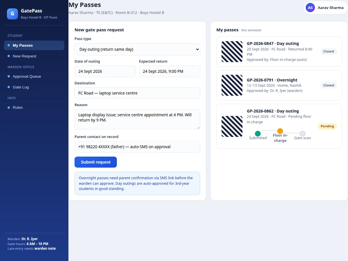 Hostel Gate Pass Approval System with QR Passes — project thumbnail preview