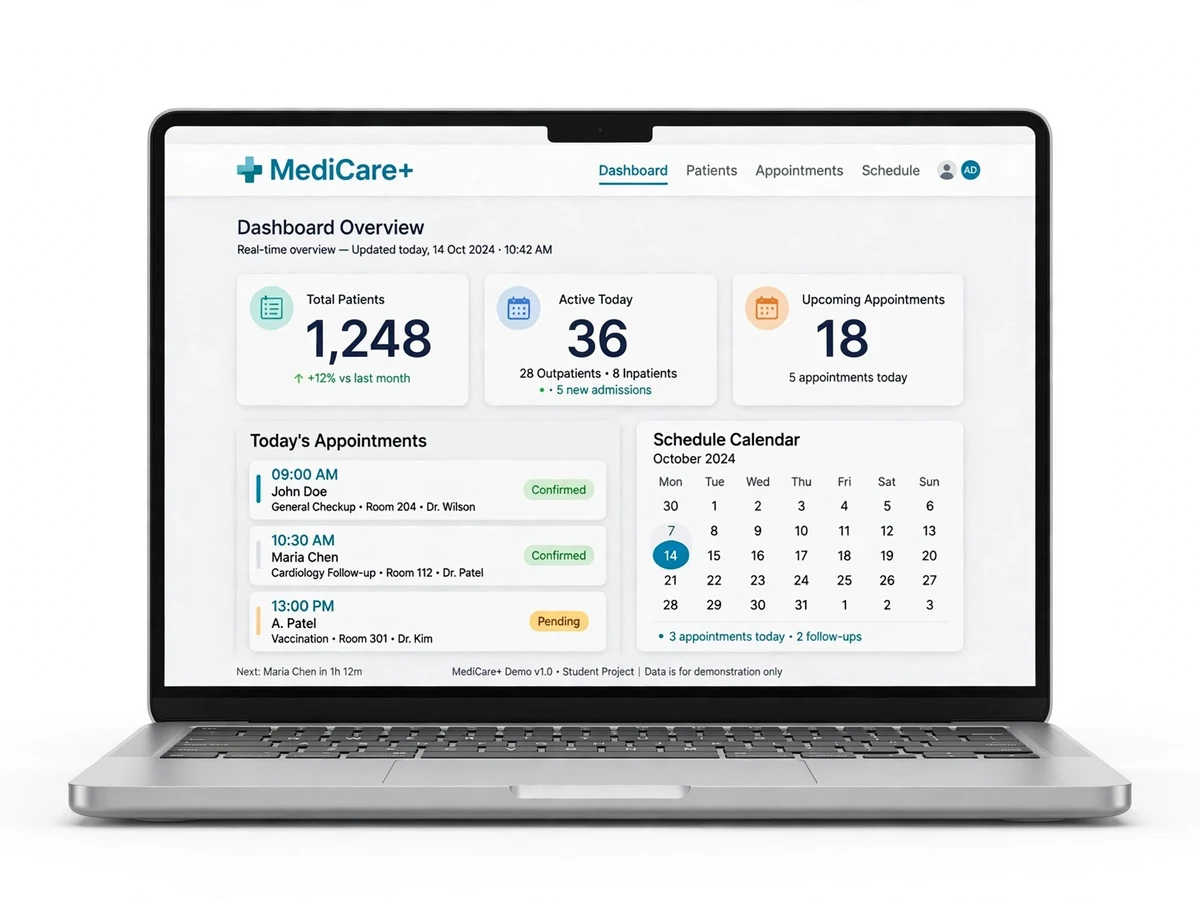 Hospital management system dashboard mockup showing appointments and patient records