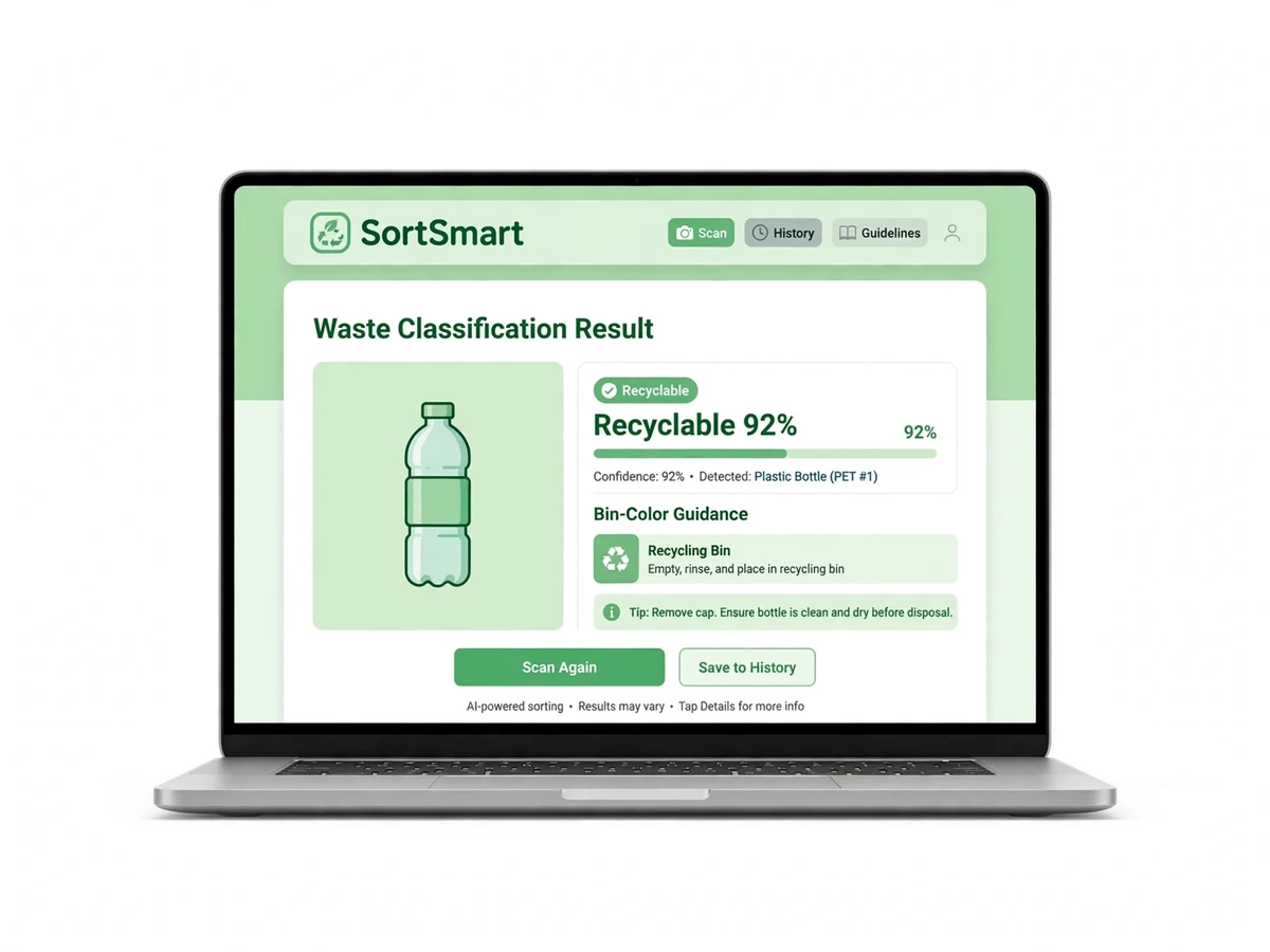 Waste classification web app interface showing CNN sorting predictions