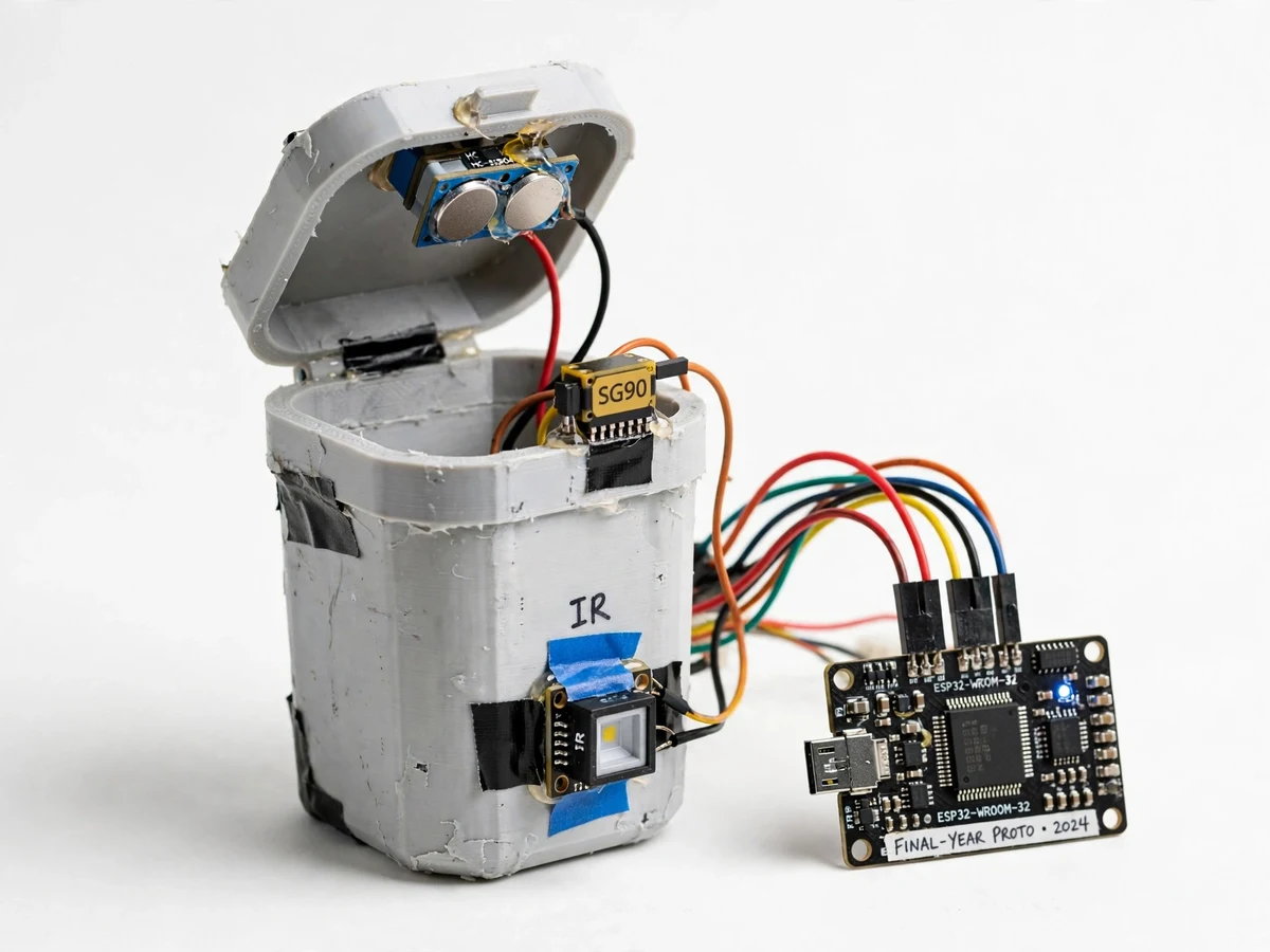 IoT smart dustbin prototype with a touchless servo-driven lid, ESP32 controller and ultrasonic fill-level sensor on a tabletop bin model.