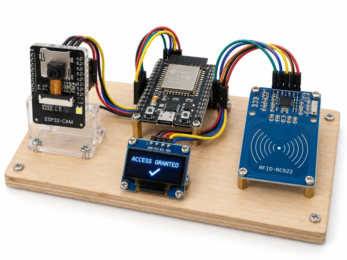 IoT-based smart attendance system prototype using ESP32-CAM face recognition, RFID verification, OLED display, and cloud attendance logging.