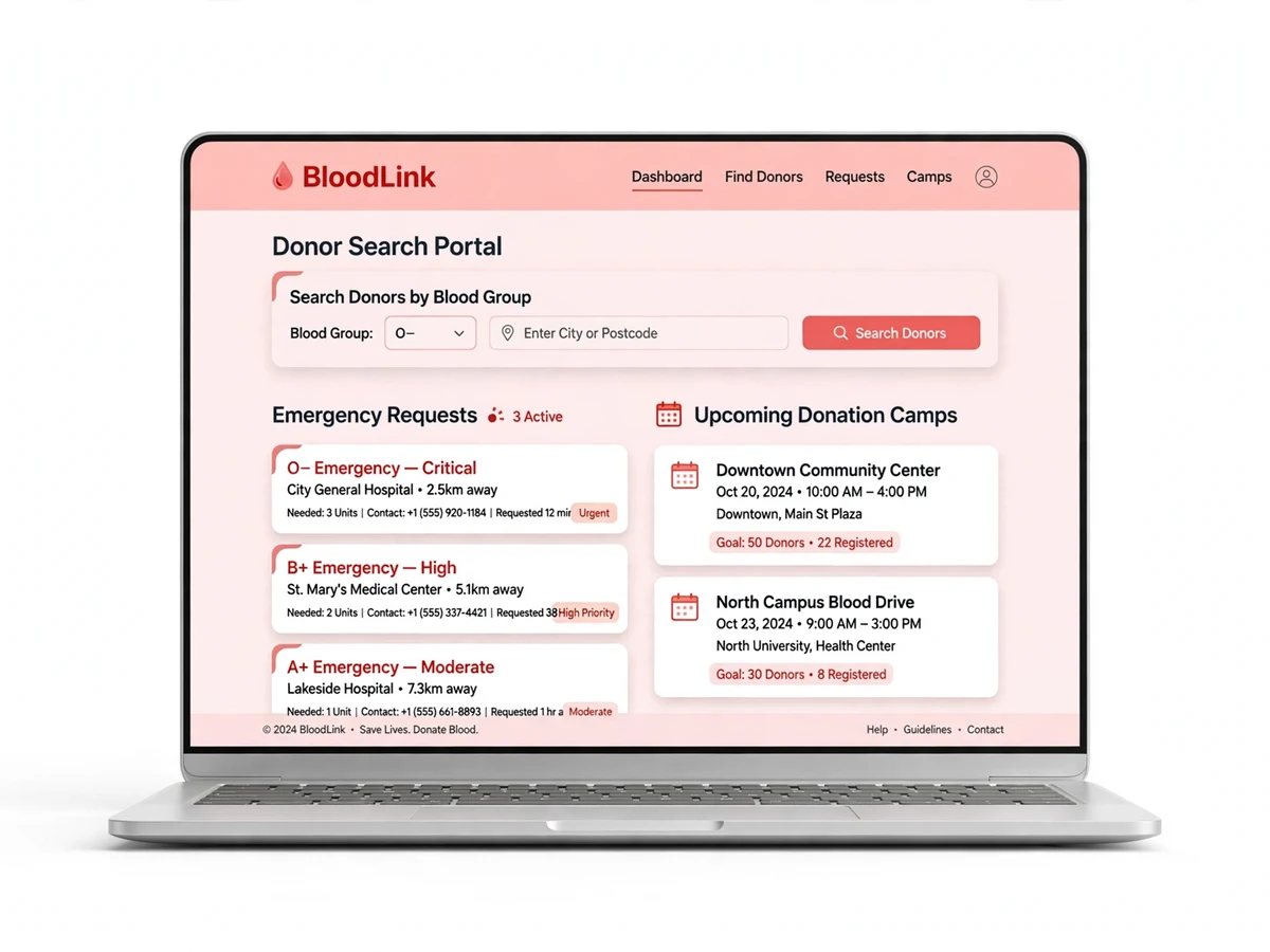 BloodLink blood donation portal homepage showing the donor registration form and emergency blood request search interface.