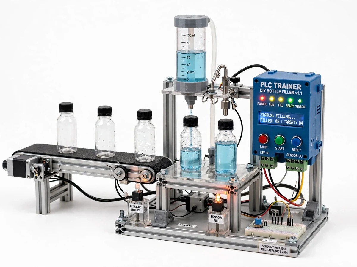 PLC-based automatic bottle filling plant model showing the conveyor belt, filling nozzle with pump and solenoid valve, and the servo capping station.