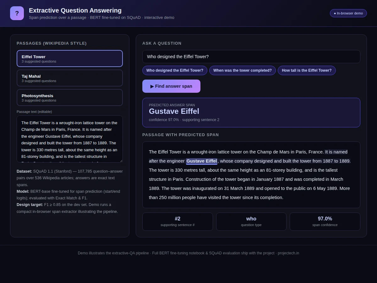 Extractive Question Answering using BERT (SQuAD) — project thumbnail preview