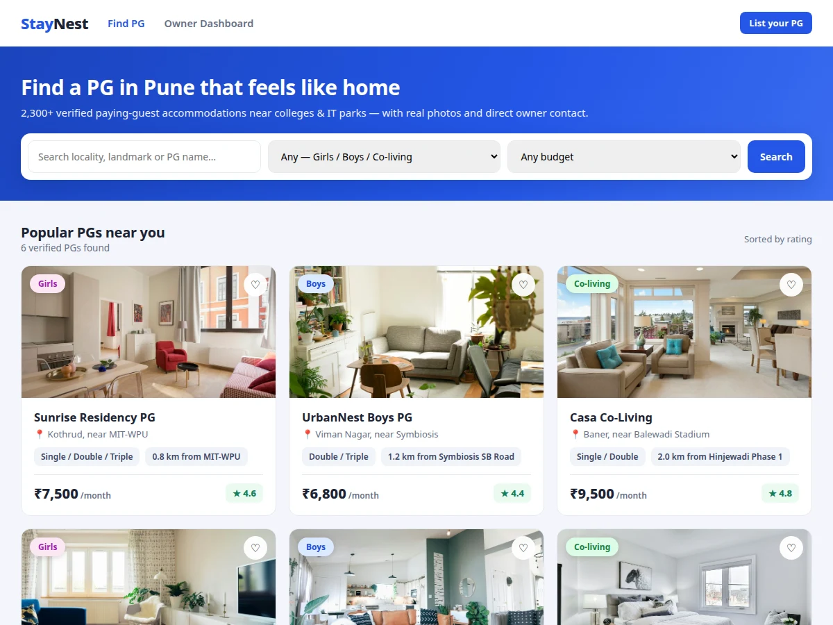 PG Accommodation Finder Portal with Owner Dashboard and Booking Requests — project thumbnail preview