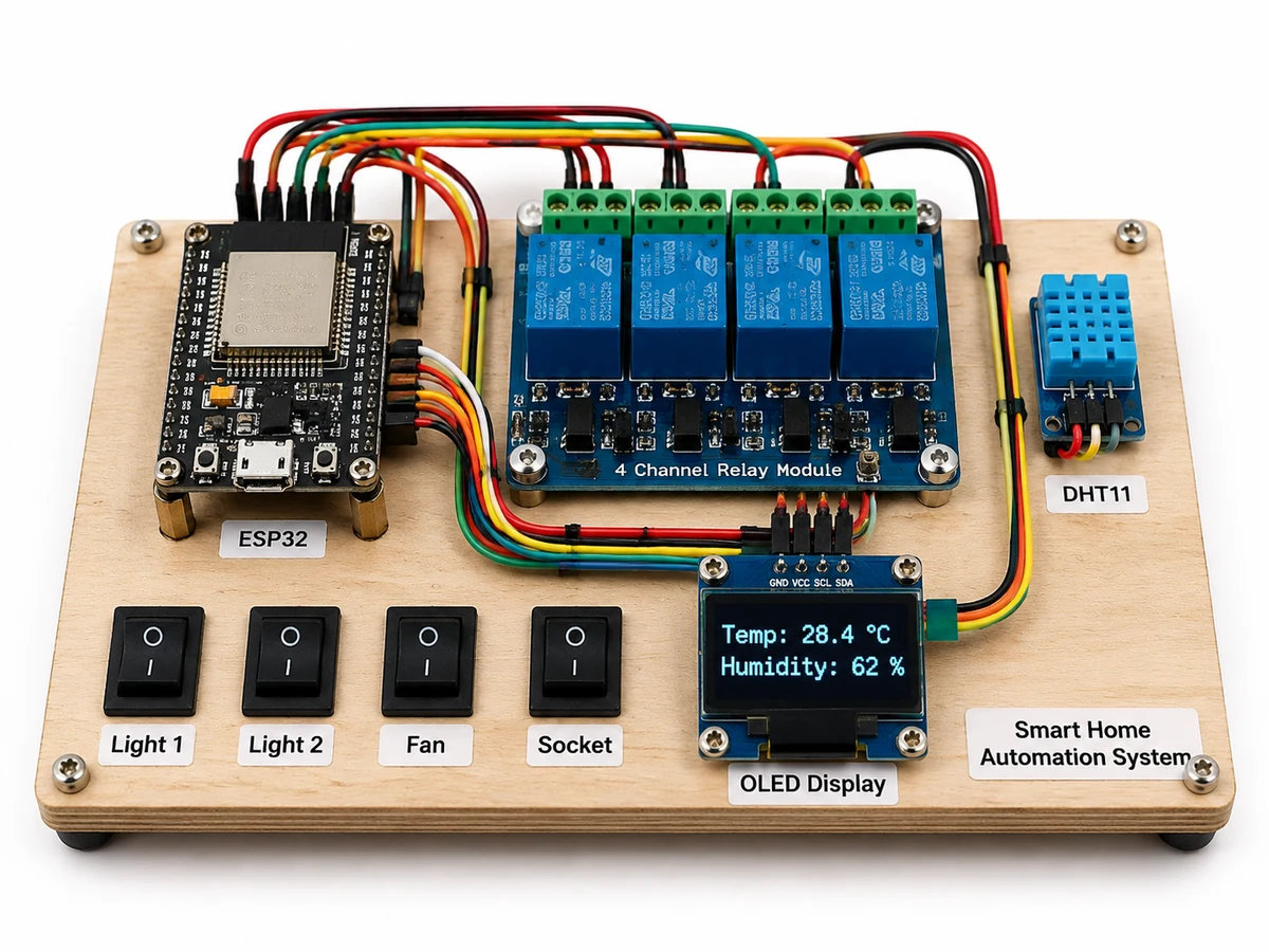 ESP32 dev board with 4-channel relay module, DHT11 sensor, OLED display and manual switches on a prototype base — student-built DIY electronics style.
