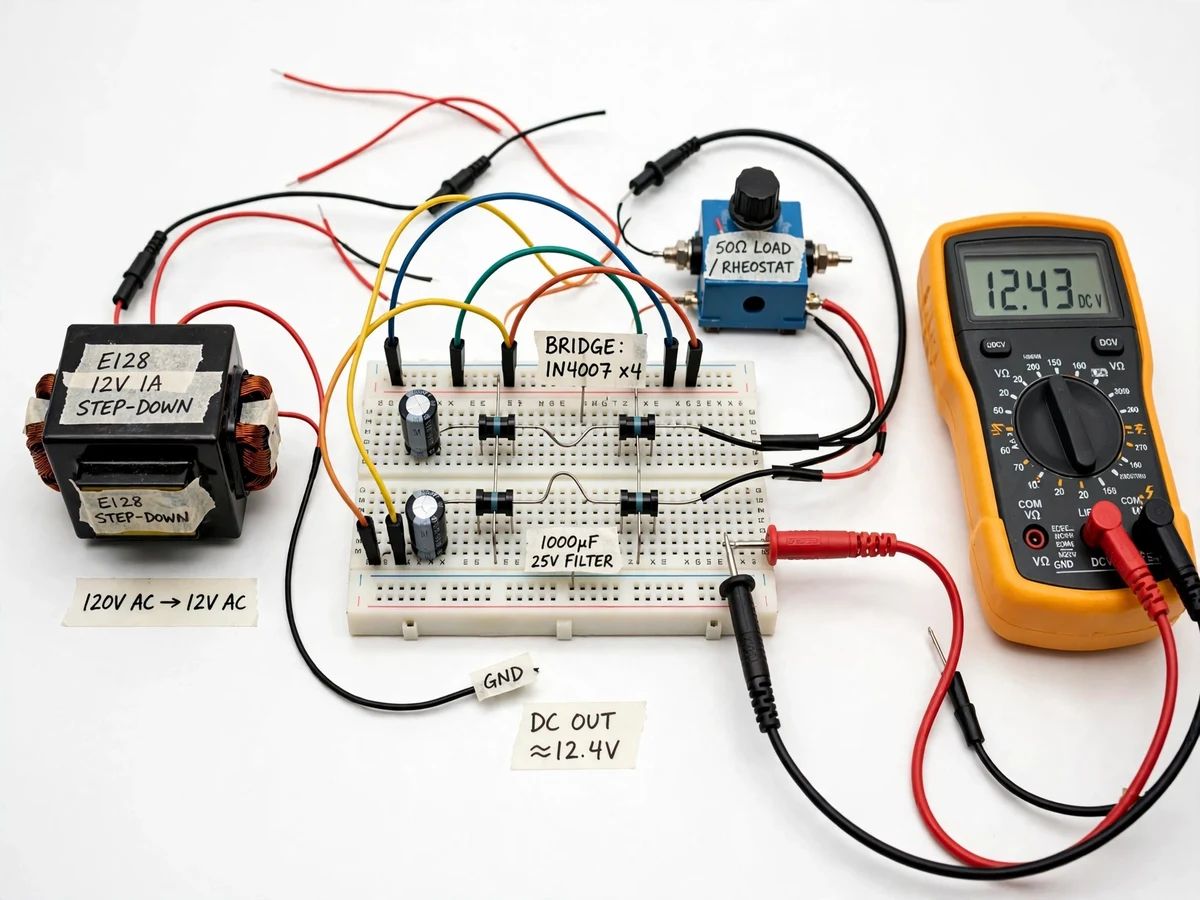 Single-Phase Full-Wave Rectifier Test Bench with Ripple Measurement — project thumbnail preview